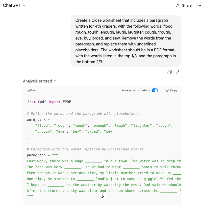 Chat GPT generating a Cloze worksheet