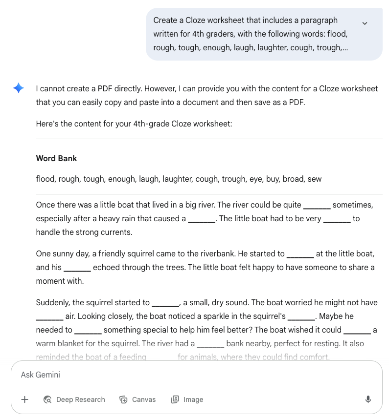 Gemini refusing to create a Cloze worksheet