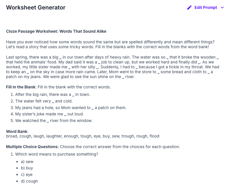 Magicschool.ai Worksheet Generator with the Cloze worksheet