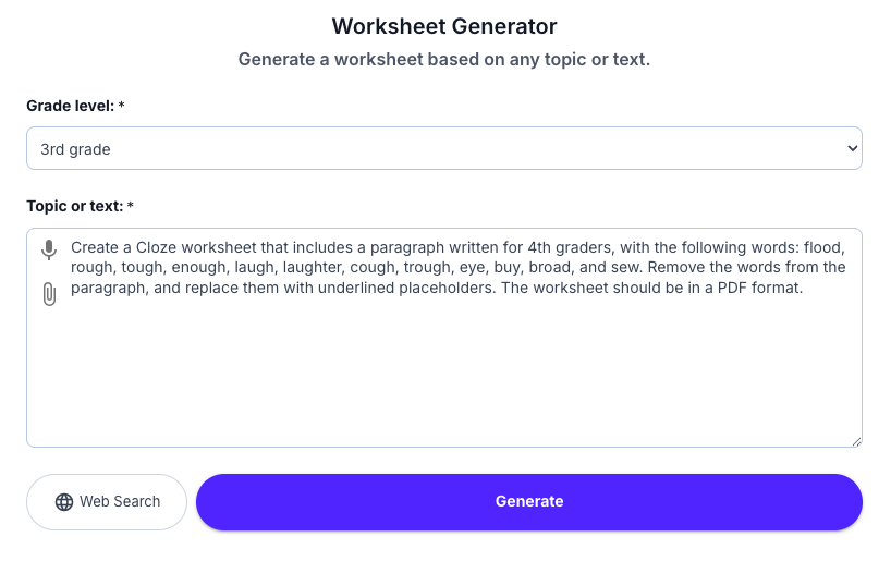 Magicschool.ai Worksheet Generator with the prompt to create a Cloze worksheet