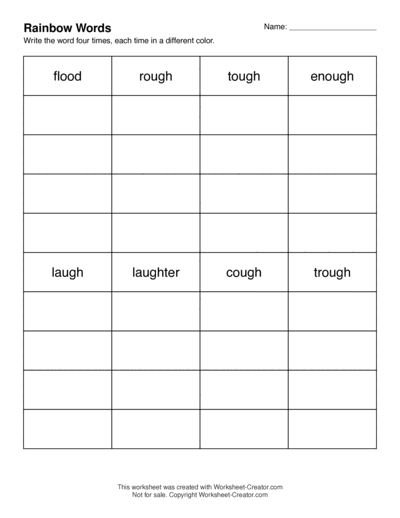 An example Rainbow Words worksheet