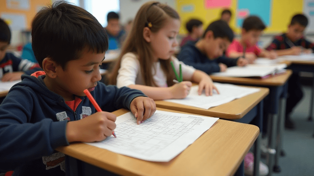 Students working on paper worksheets in a classroom
