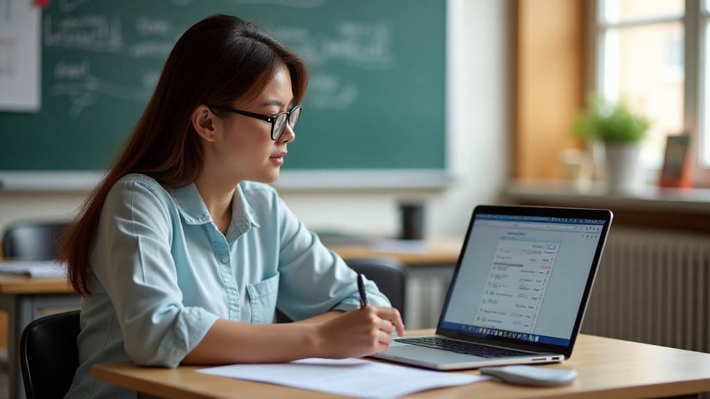 Teacher creating a worksheet in a classroom