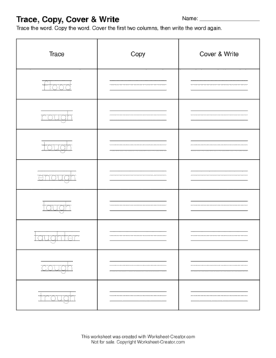 An example Trace, Copy, Cover, Write worksheet