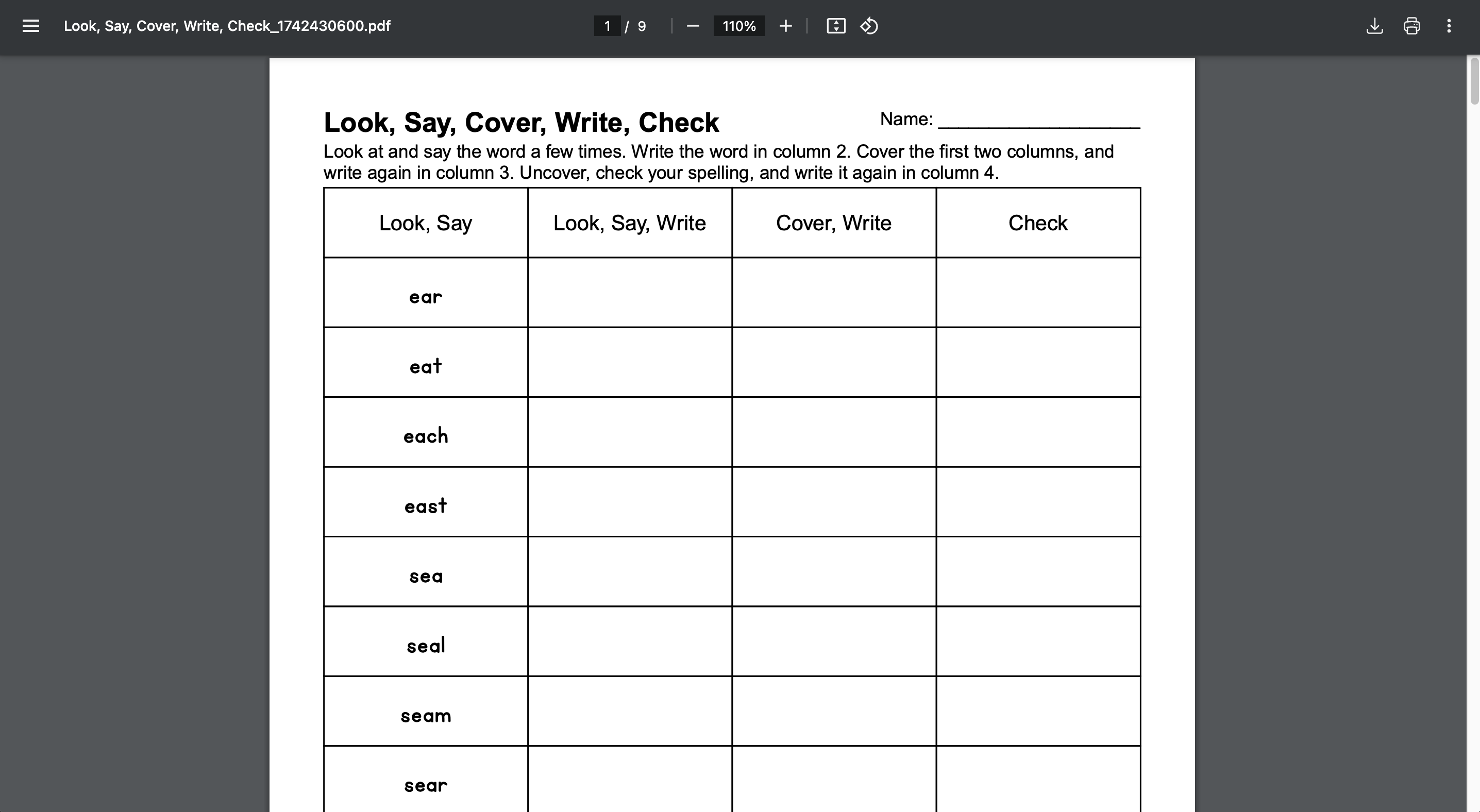 Generated Spelling Homework (Look Say Cover Write Check) for Vowel Teams