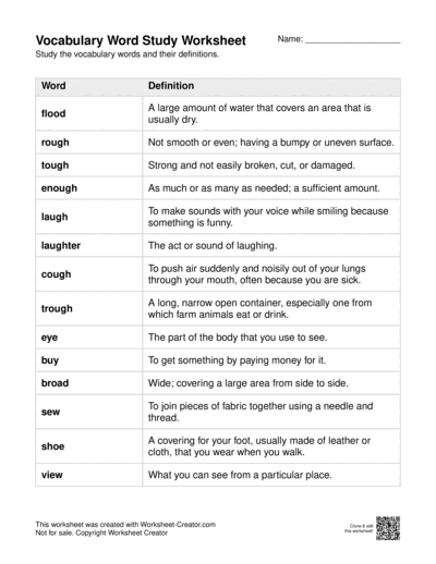 Vocabulary Word Study worksheet